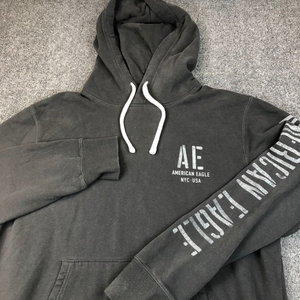 Y2K Vintage American Eagle Mens Size XL Hoodie Faded Black Graphic Logo Pullover